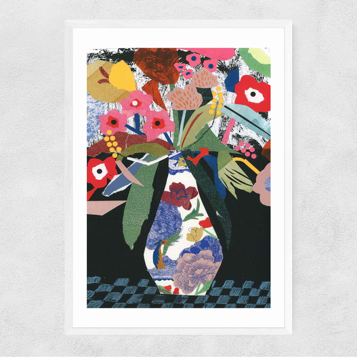 Colourful Floral Collage Still Life With Vase Narrow White Frame Colourful Floral Collage Still Life With Vase Narrow White Frame