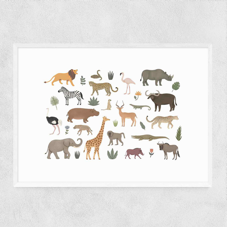 New safari animals Narrow White Frame