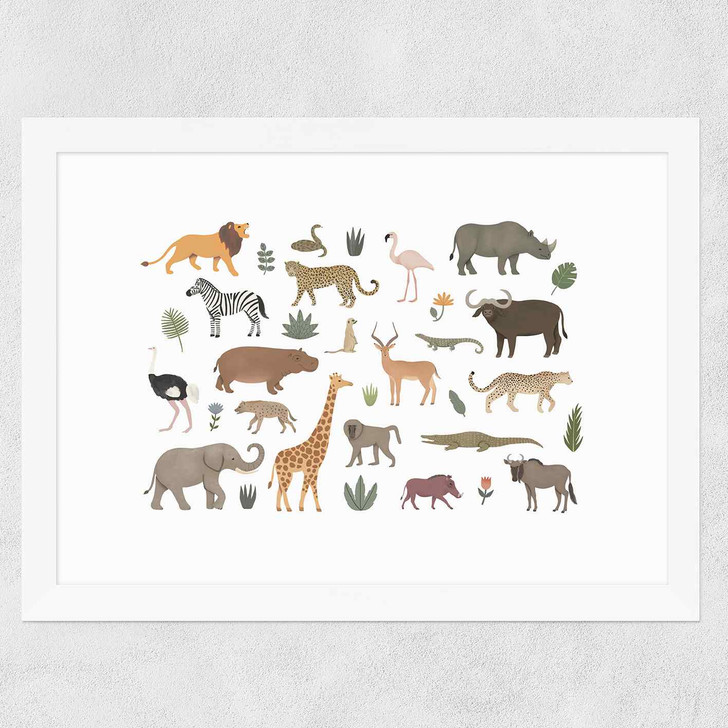 New safari animals Wide White Frame