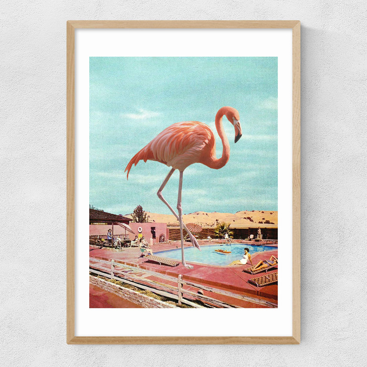 Flamingo on Holiday Narrow Oak Frame