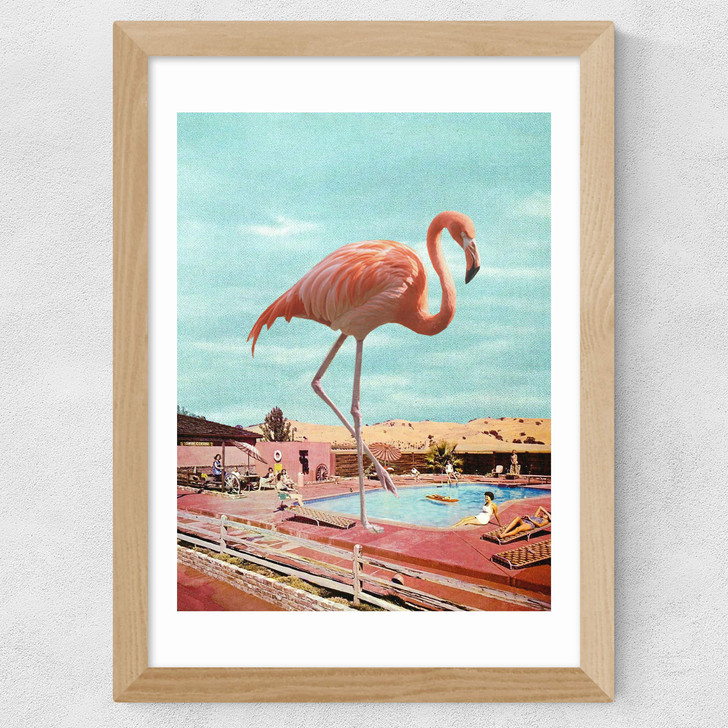 Flamingo on Holiday Wide Oak Frame