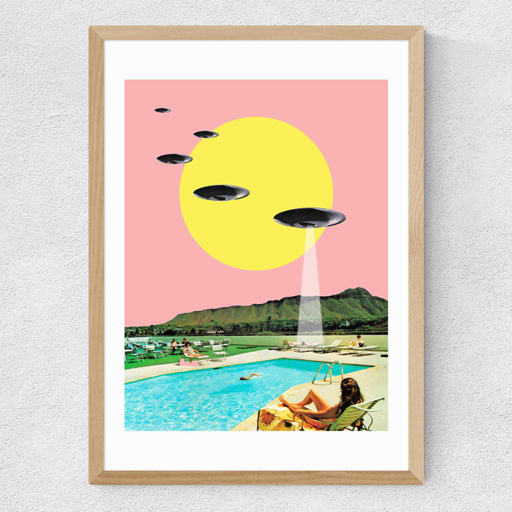 Invasion on Vacation (UFO in Hawaii) Medium Oak Frame Invasion on Vacation (UFO in Hawaii) Medium Oak Frame