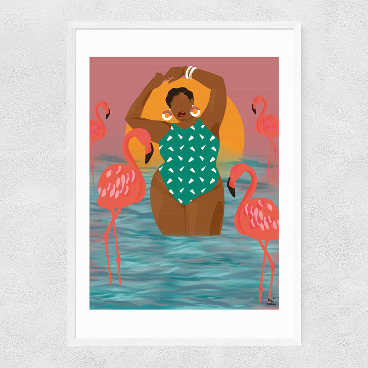 Flamingo Beach Narrow White Frame Flamingo Beach Narrow White Frame