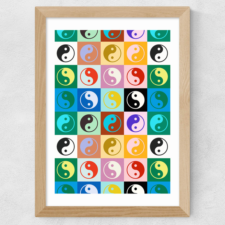 Checkered Yin Yang Pattern Wide Oak Frame Checkered Yin Yang Pattern Wide Oak Frame