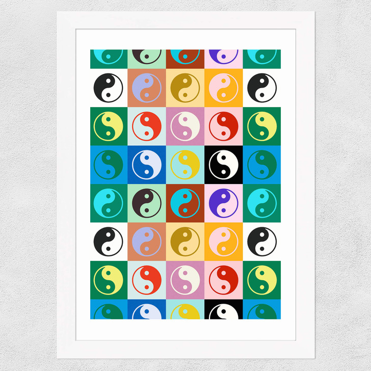 Checkered Yin Yang Pattern Wide White Frame