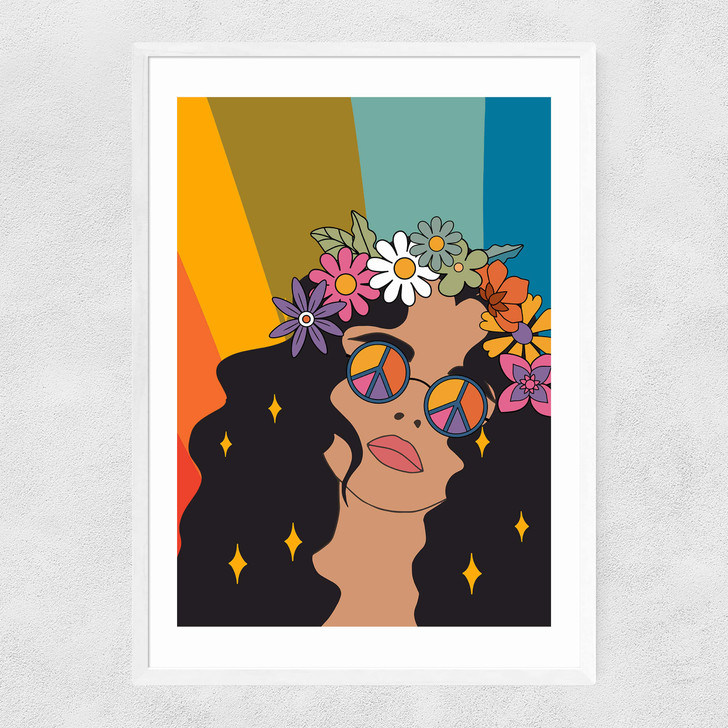 Groovy Hippie Girl Narrow White Frame