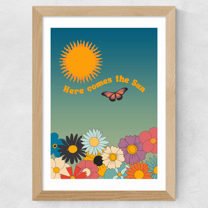 Retro Here Comes The Sun Wide Oak Frame