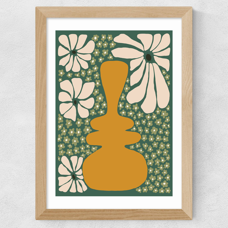Happy Retro Flower Vase II Wide Oak Frame Happy Retro Flower Vase II Wide Oak Frame