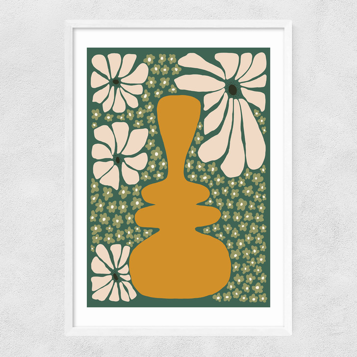Happy Retro Flower Vase II Narrow White Frame Happy Retro Flower Vase II Narrow White Frame