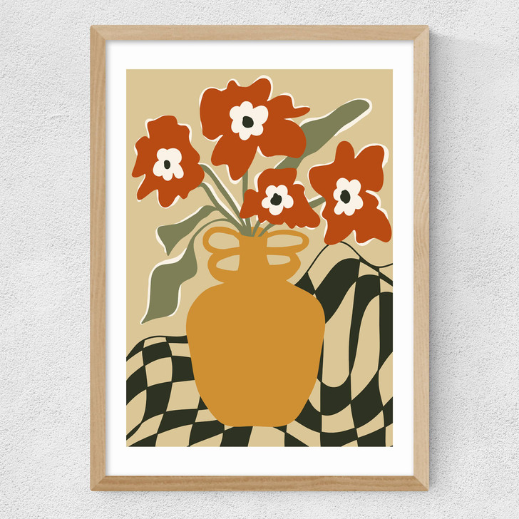 Retro Checkered Flower Pot Medium Oak Frame