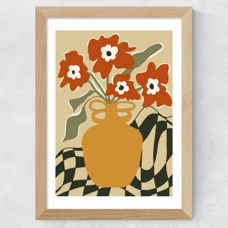 Retro Checkered Flower Pot Wide Oak Frame
