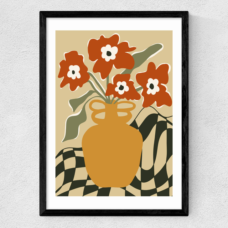 Retro Checkered Flower Pot Medium Black Frame