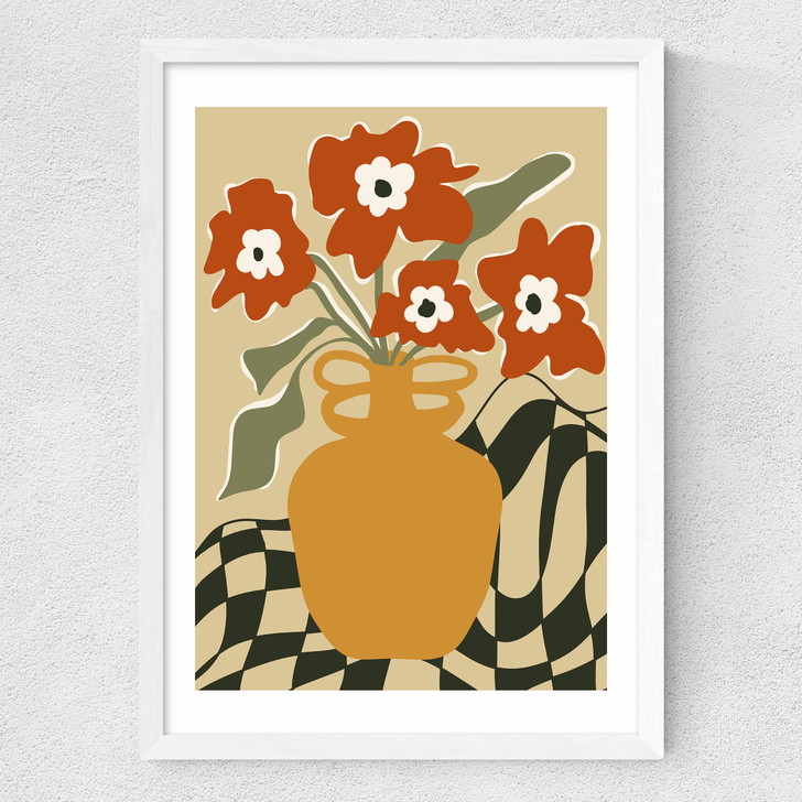 Retro Checkered Flower Pot Medium White Frame
