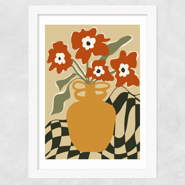 Retro Checkered Flower Pot Wide White Frame