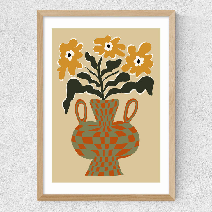 Vintage Flower Vase With Check Medium Oak Frame