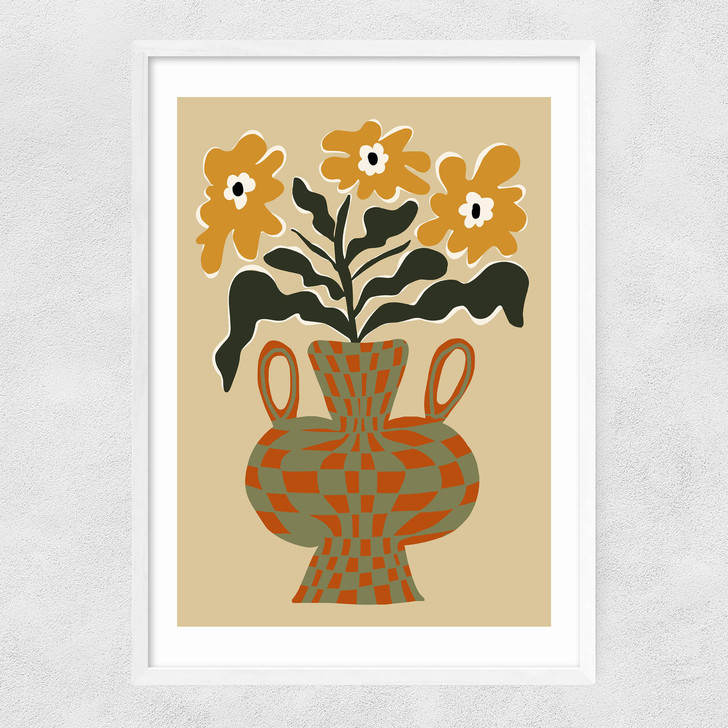 Vintage Flower Vase With Check Narrow White Frame