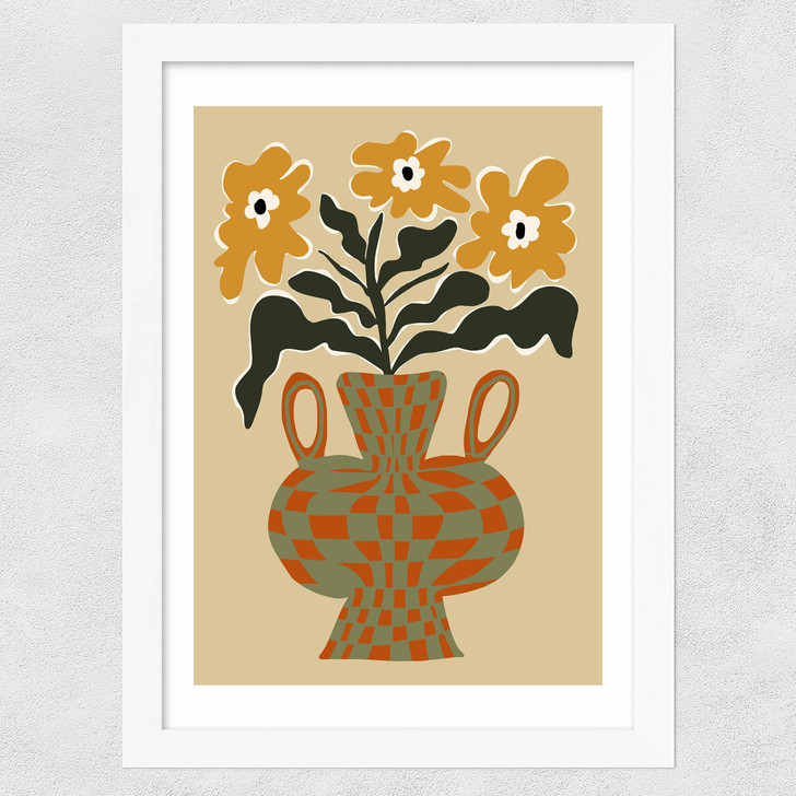 Vintage Flower Vase With Check Wide White Frame
