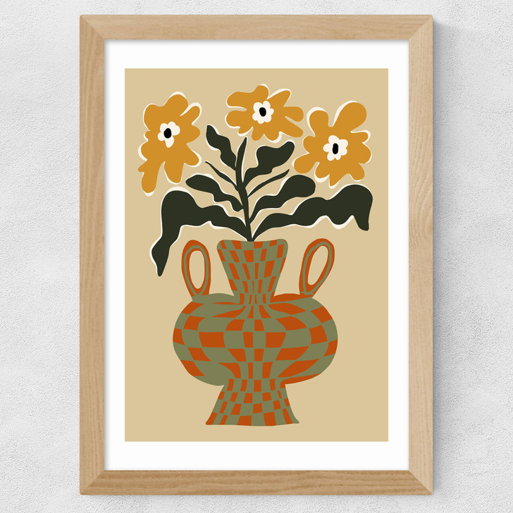 Vintage Flower Vase With Check Wide Oak Frame