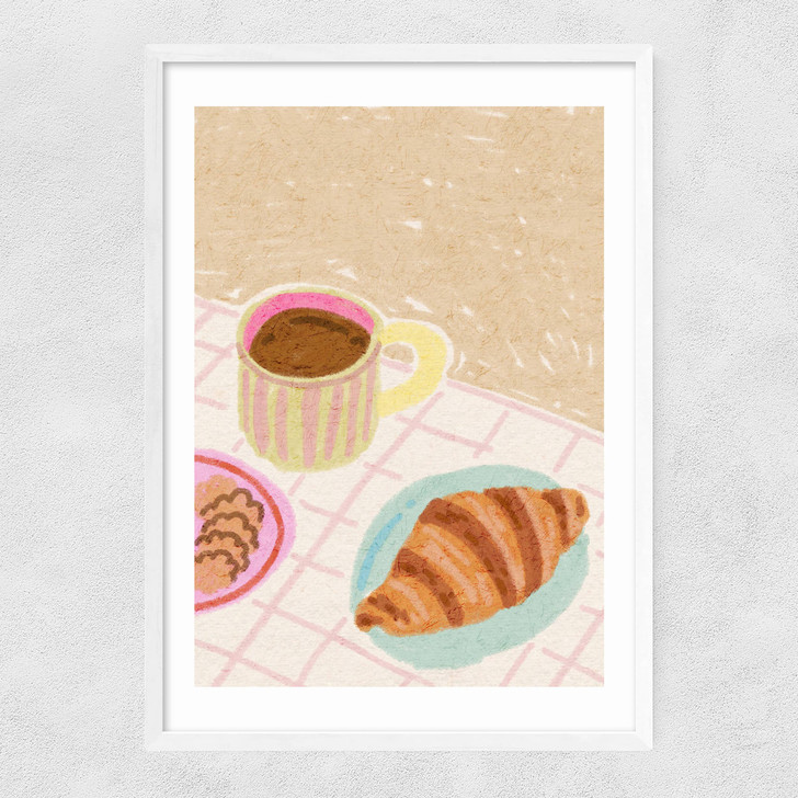 Coffee and Croissant Beige Blush Narrow White Frame