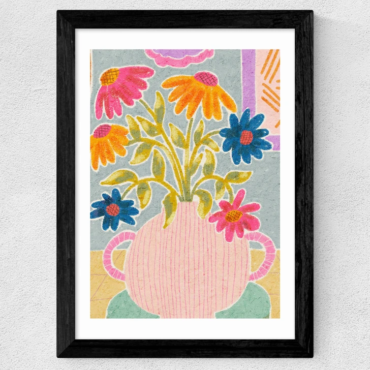 Coneflowers in a Vase Wide Black Frame