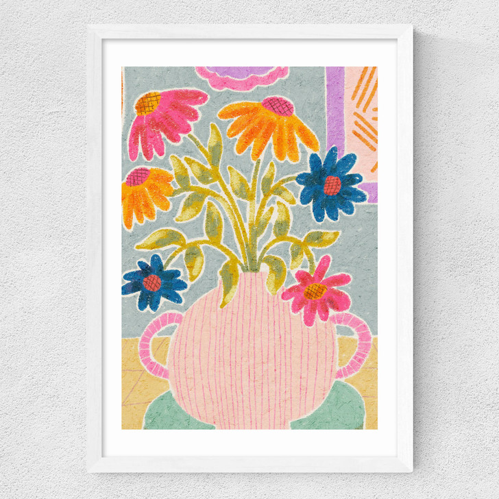 Coneflowers in a Vase Medium White Frame
