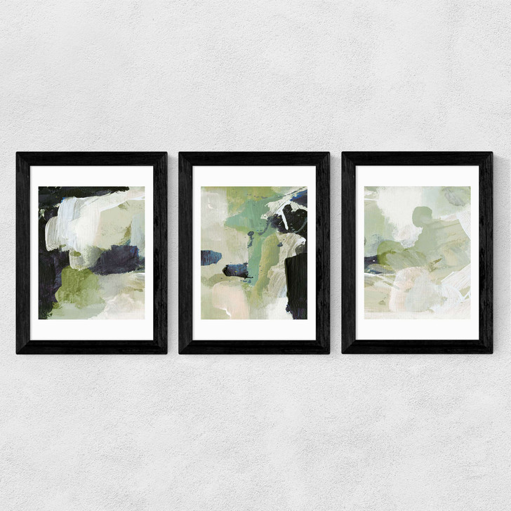 Green Abstract Triptych Wide Black Frame Green Abstract Triptych Wide Black Frame