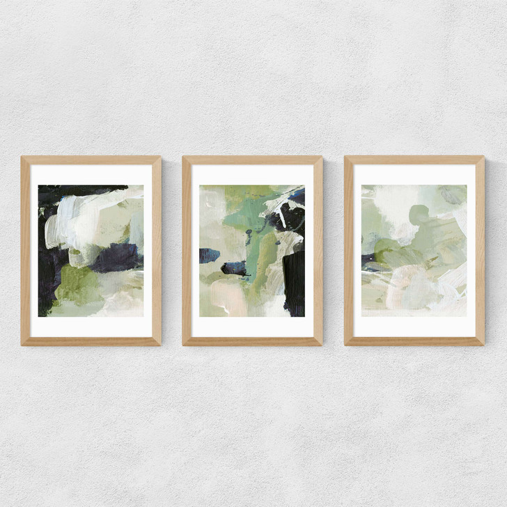 Green Abstract Triptych Medium Oak Frame Green Abstract Triptych Medium Oak Frame