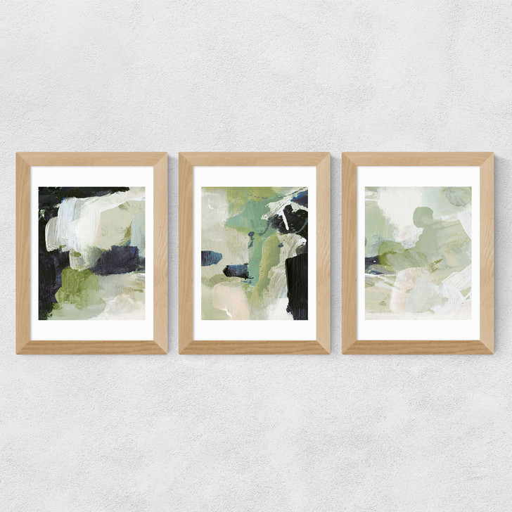 Green Abstract Triptych Wide Oak Frame Green Abstract Triptych Wide Oak Frame