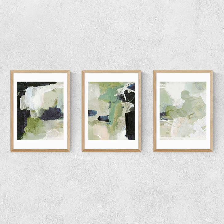 Green Abstract Triptych Narrow Oak Frame