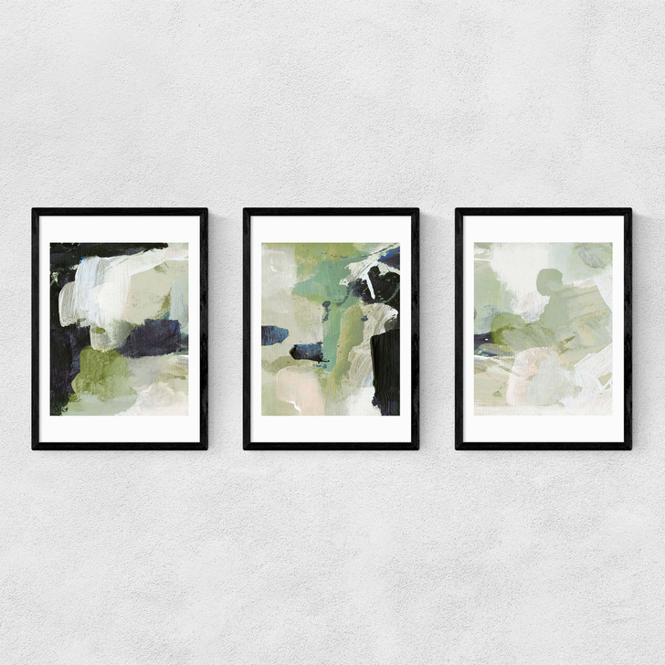 Green Abstract Triptych Narrow Black Frame