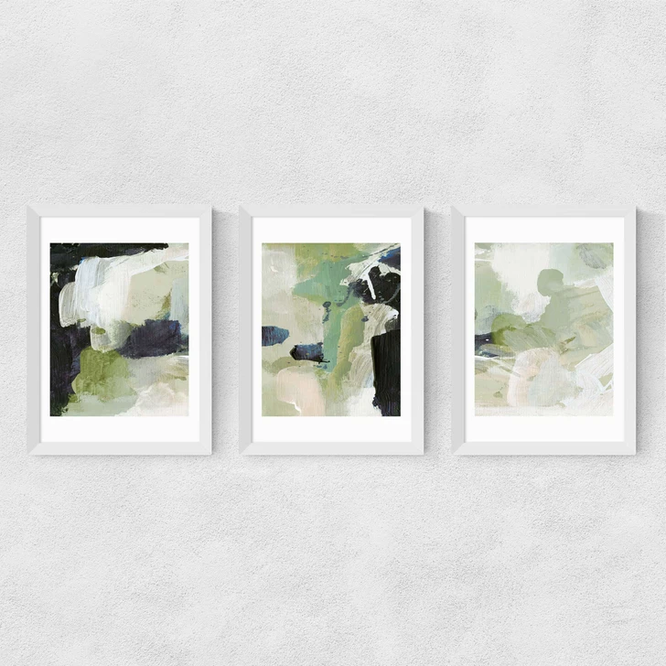 Green Abstract Triptych Medium White Frame