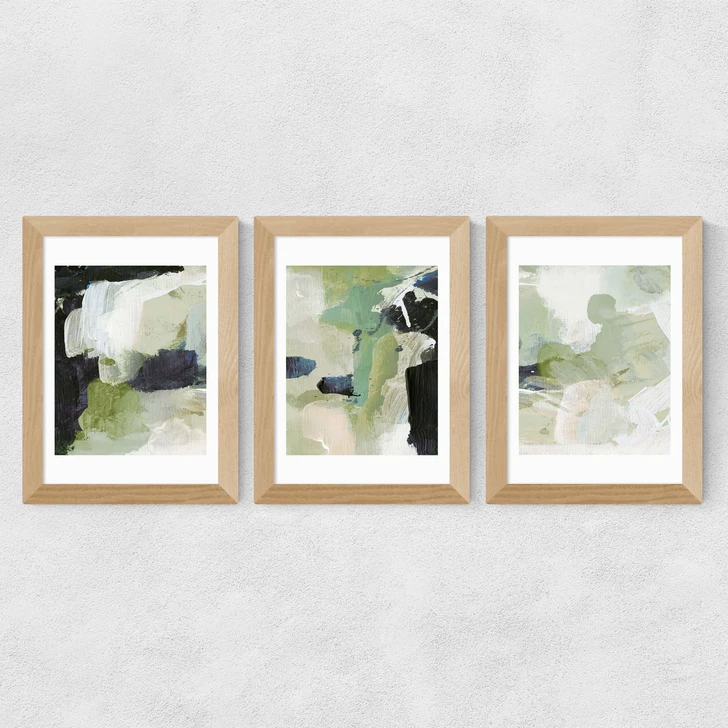 Green Abstract Triptych Wide Oak Frame