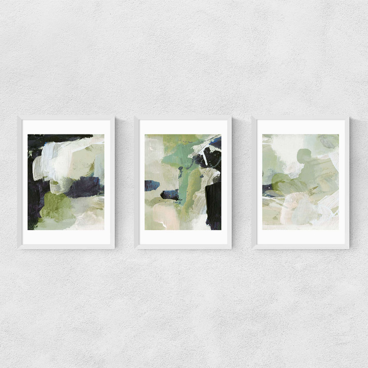 Green Abstract Triptych Narrow White Frame