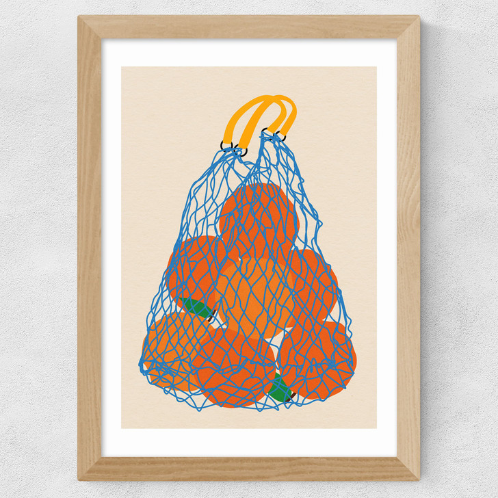 Oranges In a Net Bag Wide Oak Frame