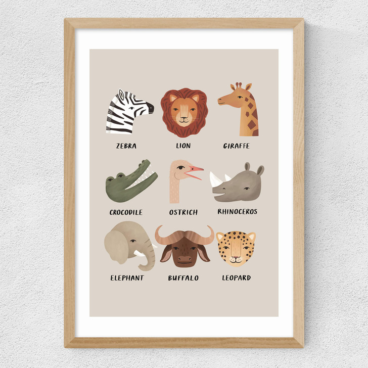 Animal Safari In Stone Medium Oak Frame