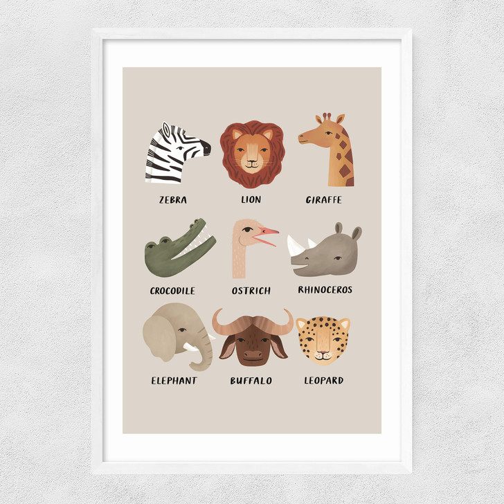 Animal Safari In Stone Narrow White Frame