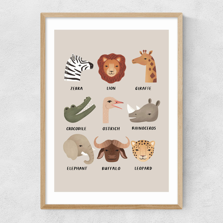 Animal Safari In Stone Narrow Oak Frame