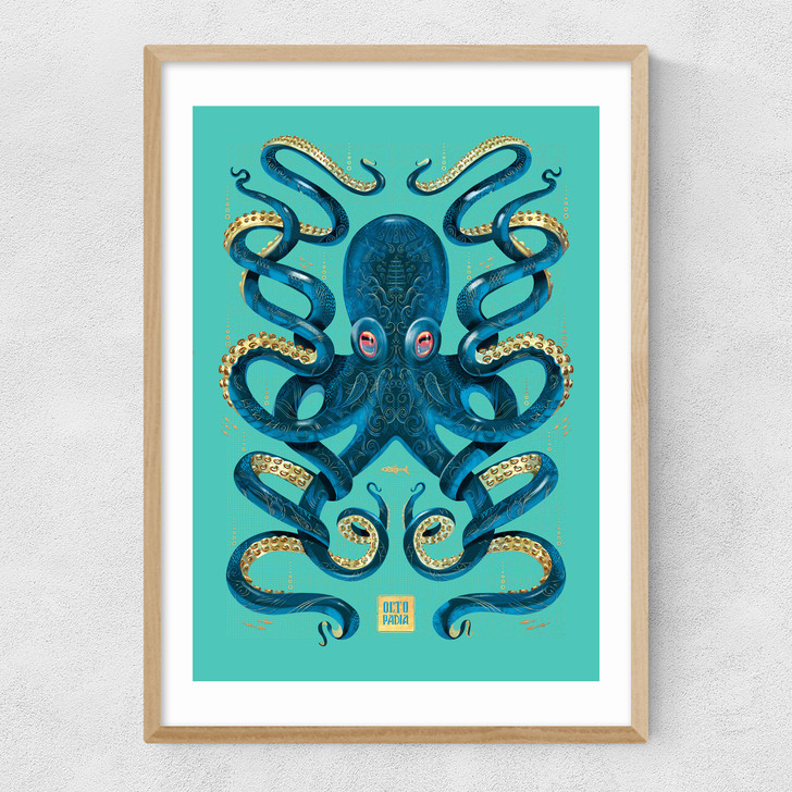 Octopus (Blue) Narrow Oak Frame Octopus (Blue) Narrow Oak Frame
