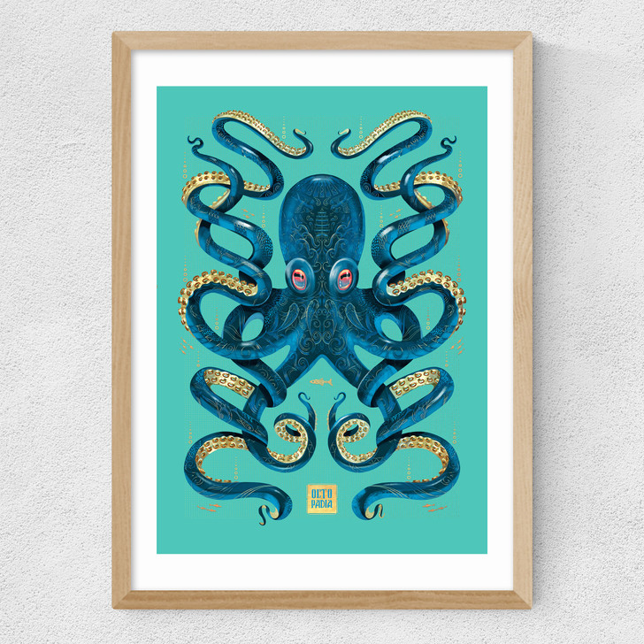 Octopus (Blue) Medium Oak Frame Octopus (Blue) Medium Oak Frame