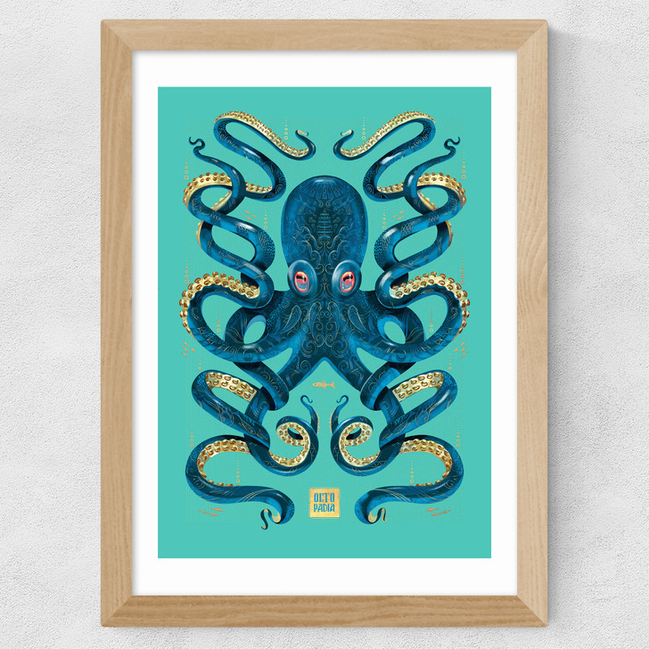 Octopus (Blue) Wide Oak Frame Octopus (Blue) Wide Oak Frame