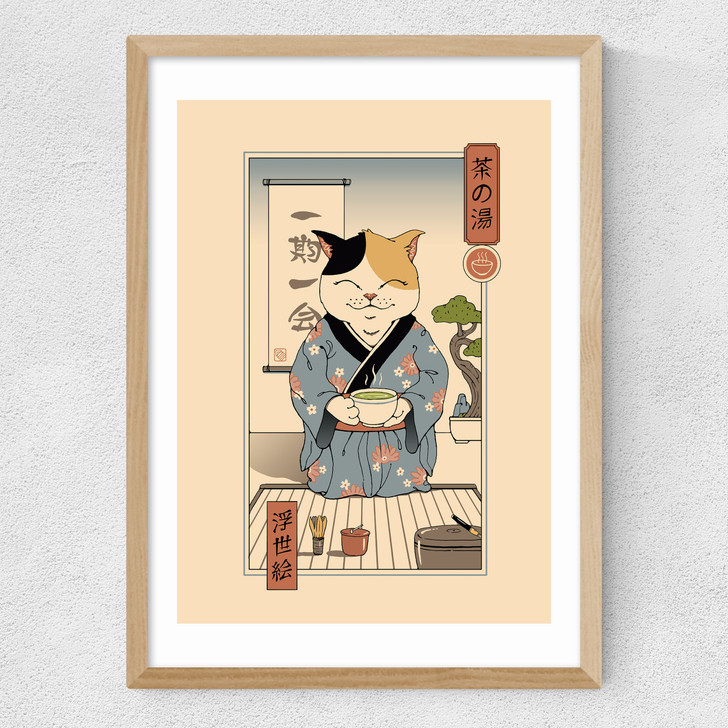 Tea Cat Ceremony Medium Oak Frame