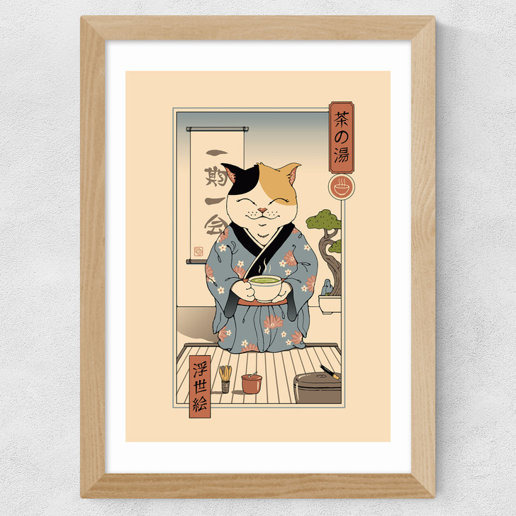 Tea Cat Ceremony Wide Oak Frame