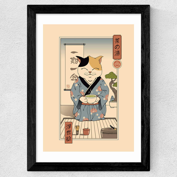 Tea Cat Ceremony Wide Black Frame