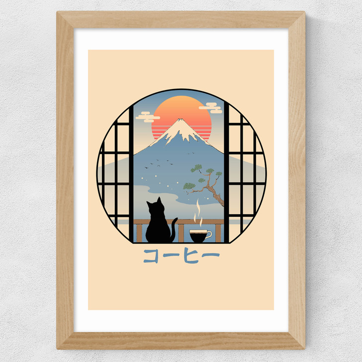 Coffee Cat in Mt Fuji Wide Oak Frame