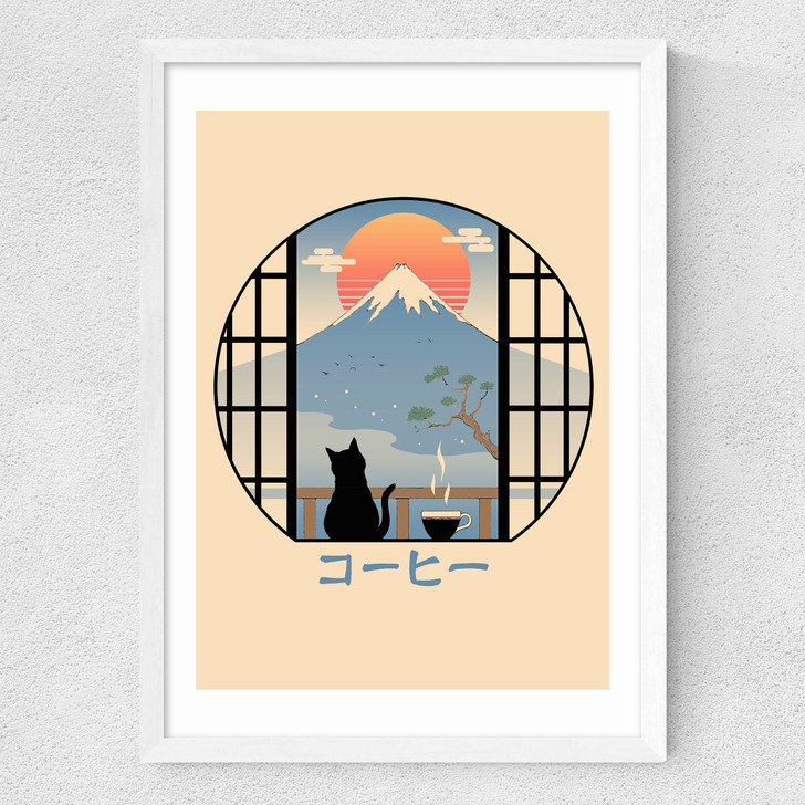 Coffee Cat in Mt Fuji Medium White Frame