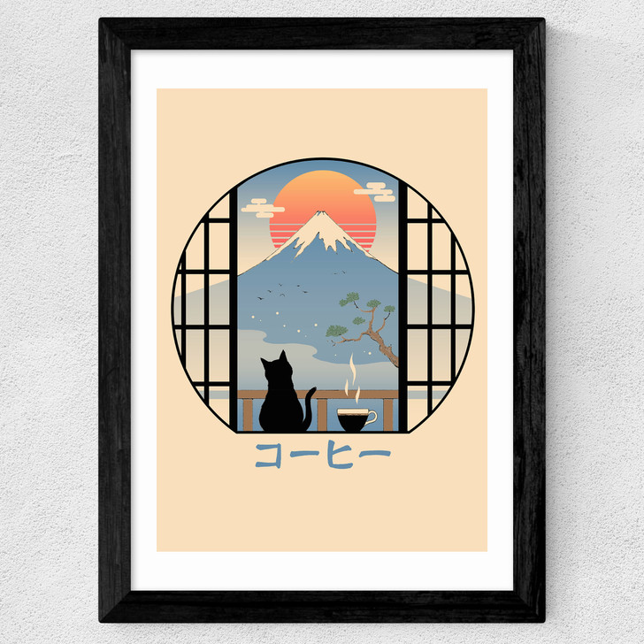 Coffee Cat in Mt Fuji Wide Black Frame
