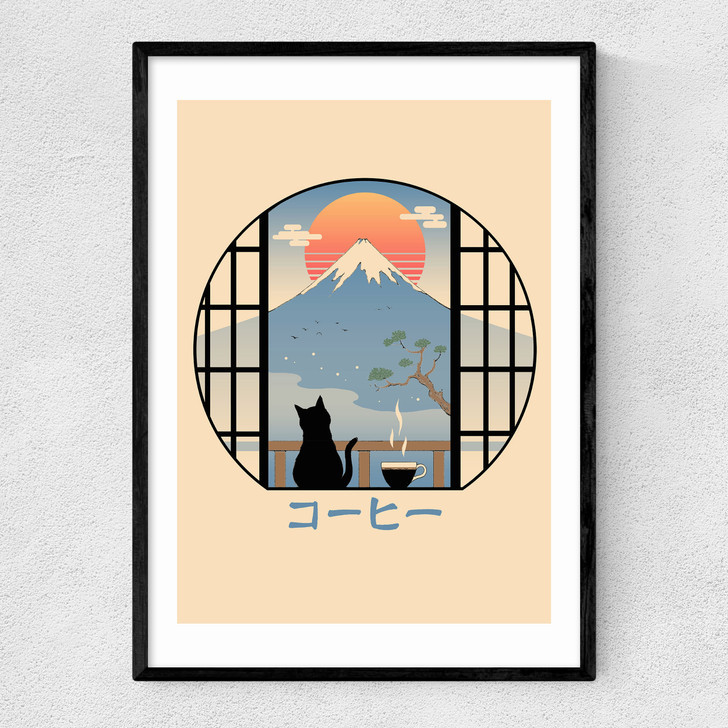 Coffee Cat in Mt Fuji Narrow Black Frame