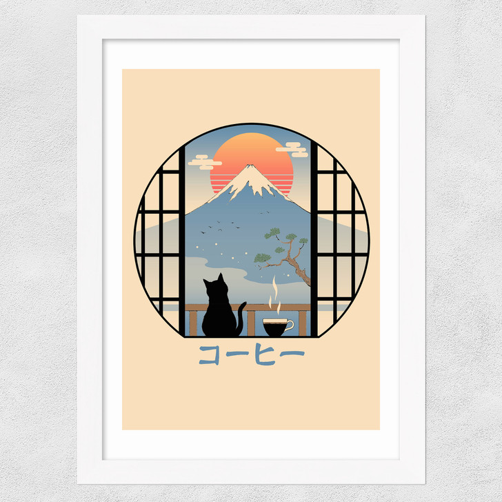 Coffee Cat in Mt Fuji Wide White Frame