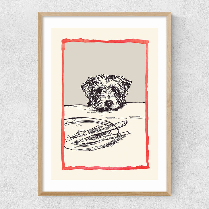 Dog With Plate Narrow Oak Frame