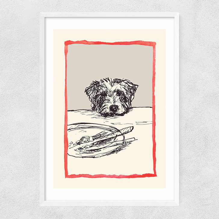 Dog With Plate Narrow White Frame
